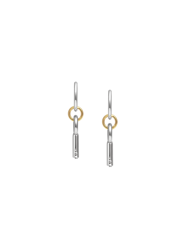 Front view of Laura Lombardi Permesso Earrings, a pair of silver hoop earrings with key-shaped charms and small gold rings connecting the hoops, shown on a plain white background.