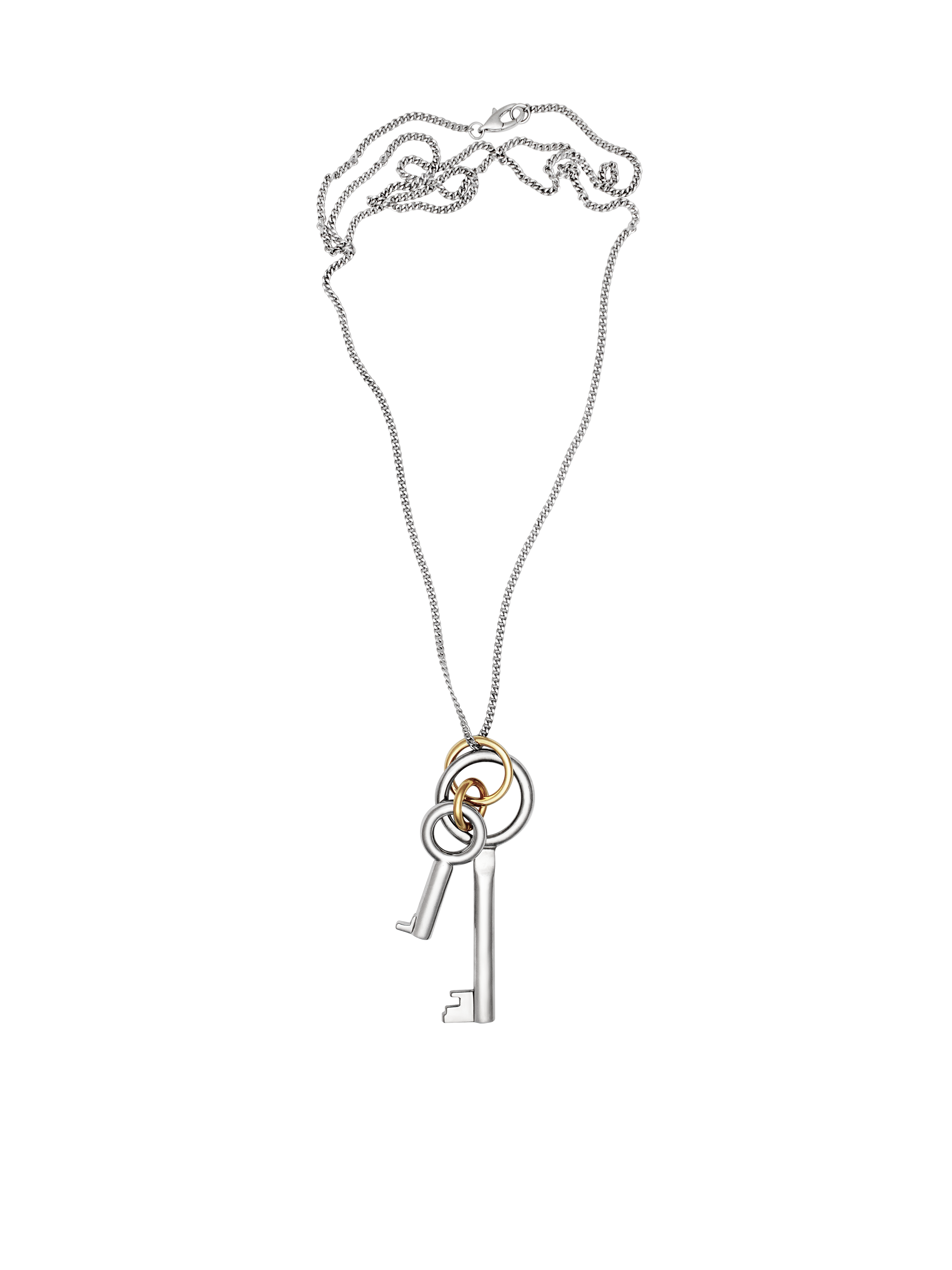Laura Lombardi Permesso Necklace, a silver-toned key pendant necklace with a large and small silver key charm and gold accent ring, shown on a plain background.