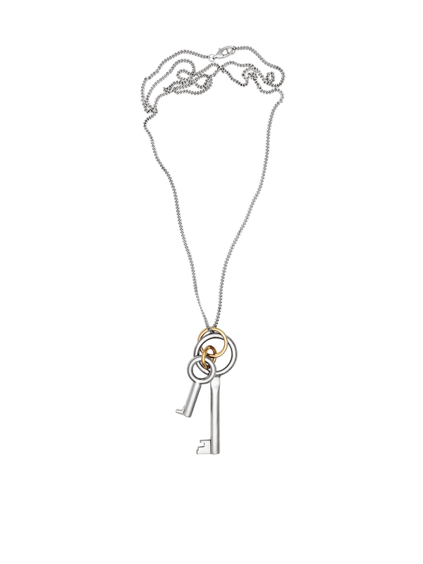 Laura Lombardi Permesso Necklace, a silver-toned key pendant necklace with a large and small silver key charm and gold accent ring, shown on a plain background.