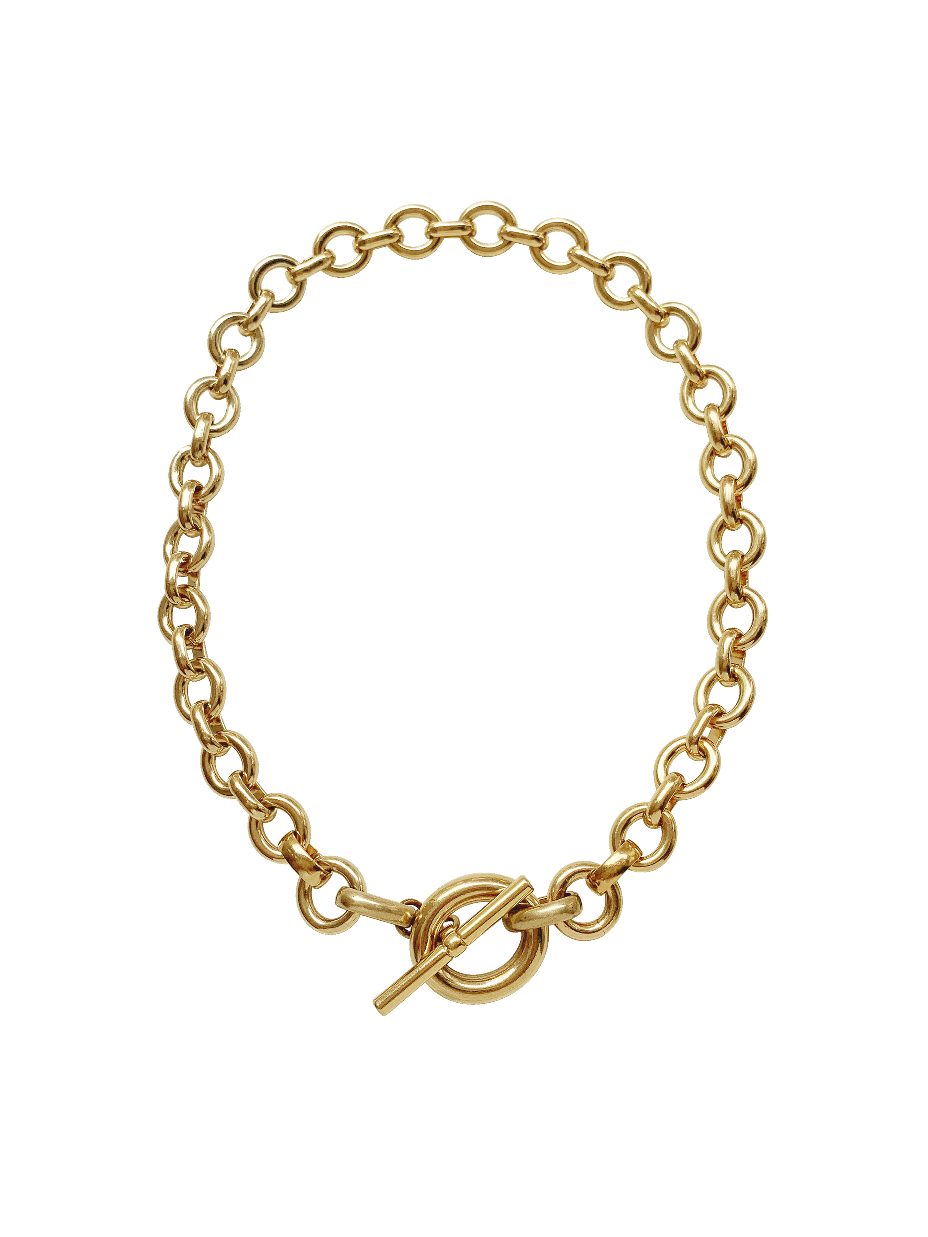 Gold chain necklace with a toggle clasp on a transparent background.