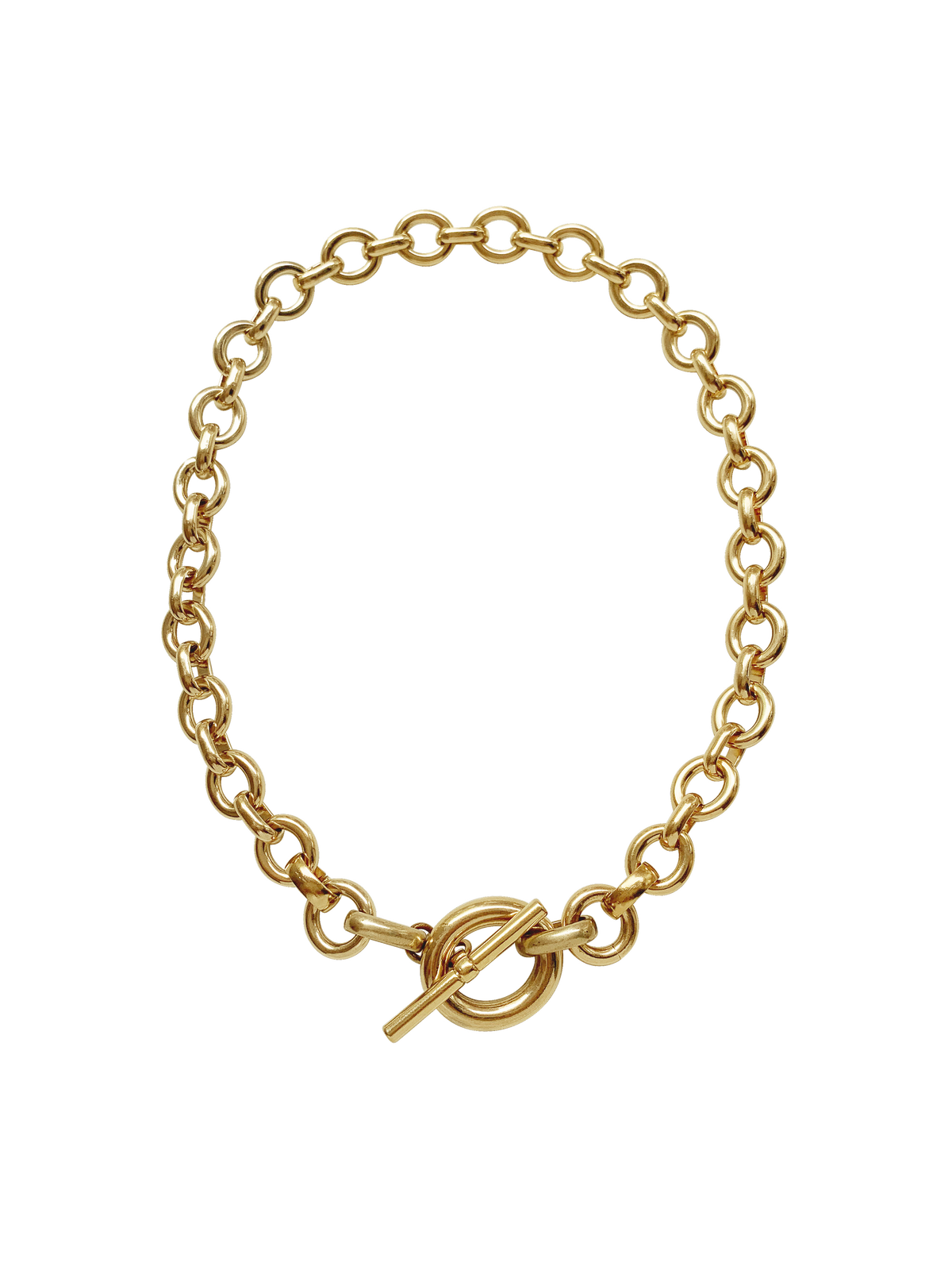 Gold chain necklace with a toggle clasp on a transparent background.