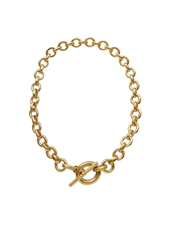 Gold chain necklace with a toggle clasp on a transparent background.