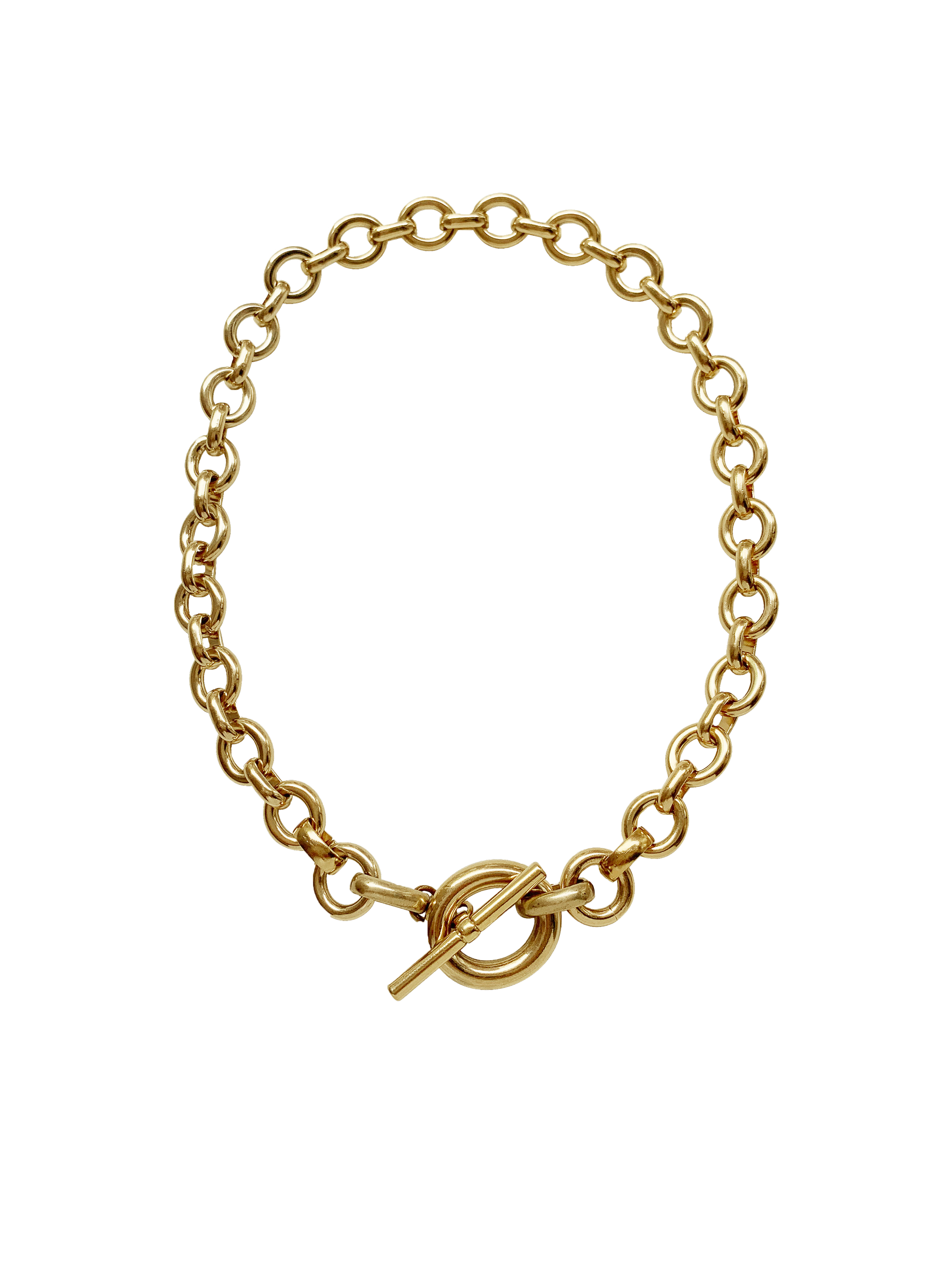 Gold chain necklace with a toggle clasp on a neutral background.