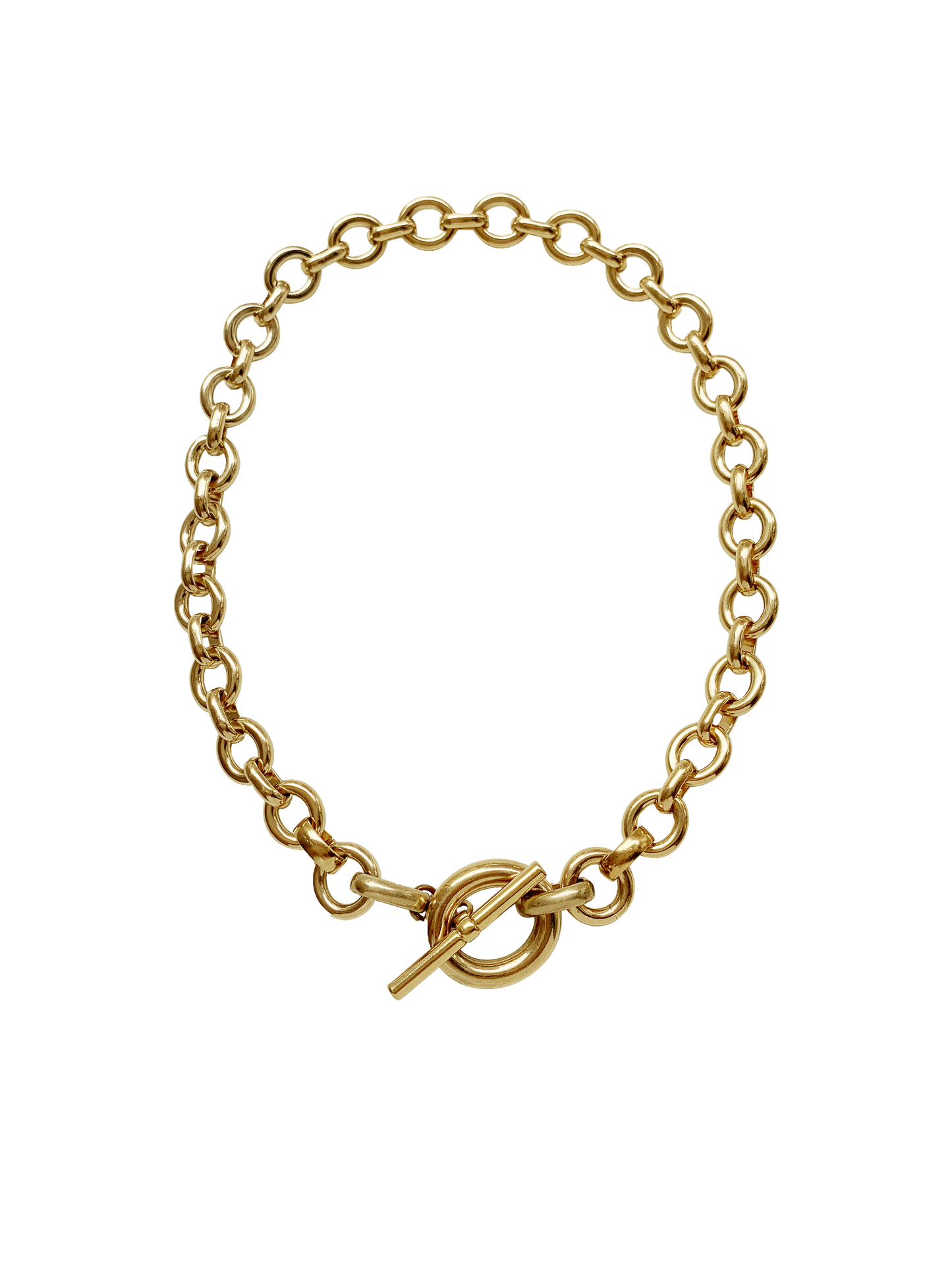 Gold chain necklace with a toggle clasp on a neutral background.