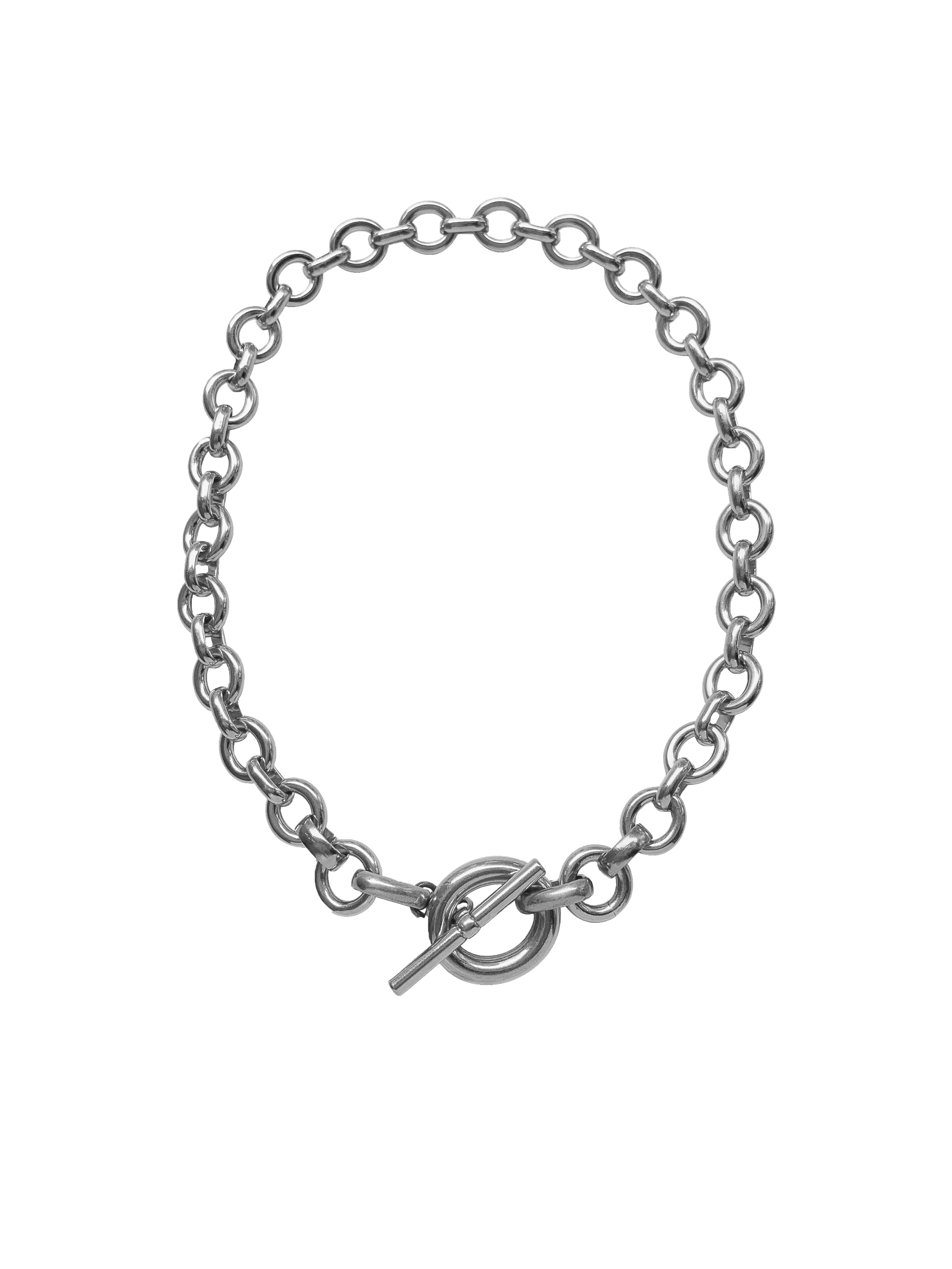 Silver chain necklace with a toggle clasp on a neutral background.