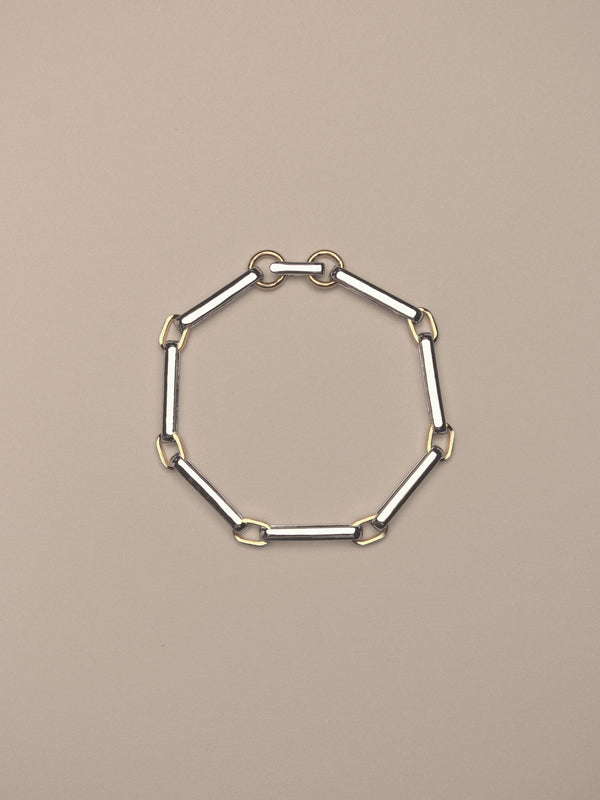 A two-tone chain link bracelet featuring silver-toned rectangular links and gold-toned square accents,  shown on a neutral beige background.