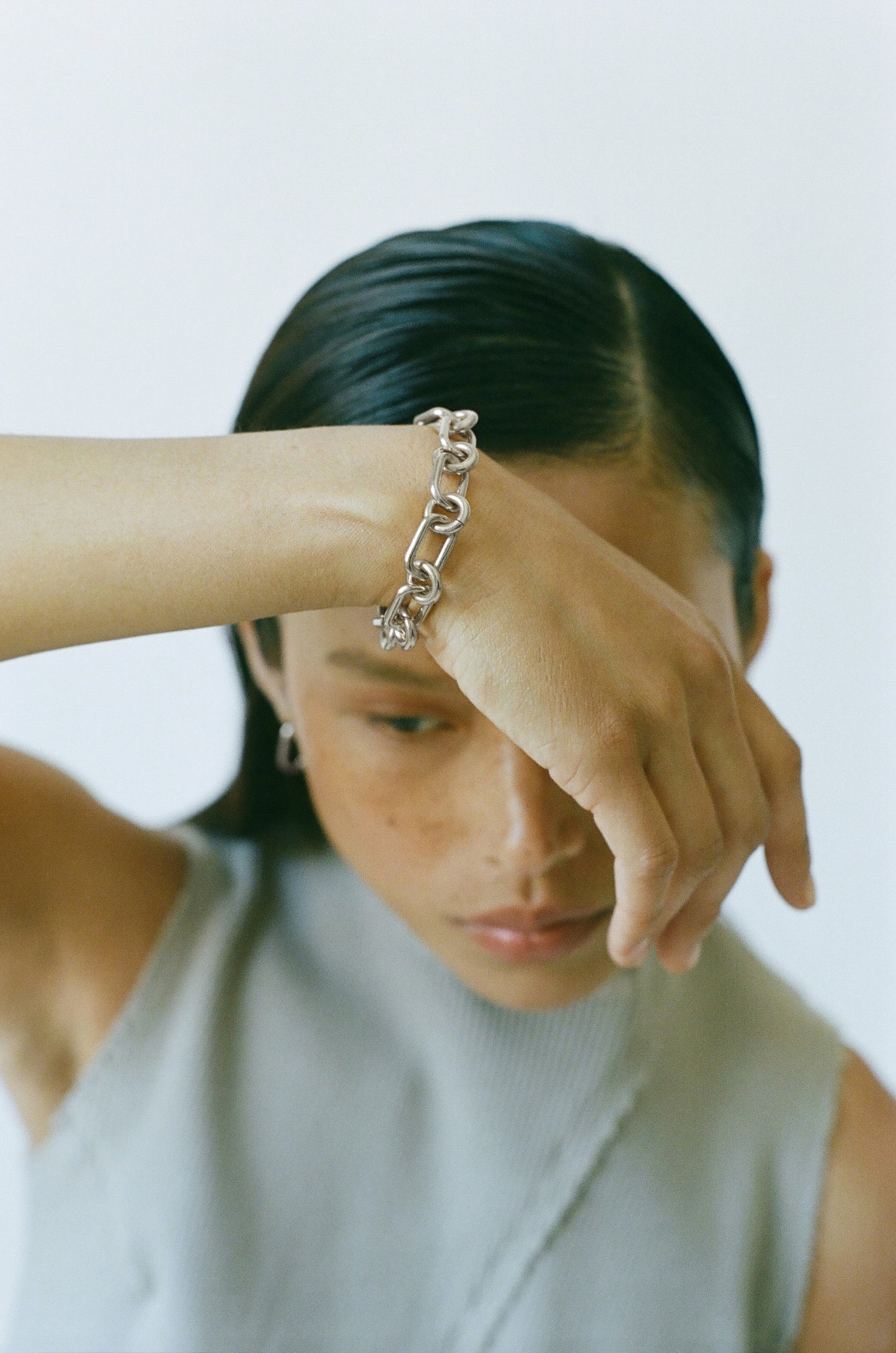 Model wearing Laura Lombardi Silver Cresca Bracelet